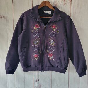 Vintage Cabin Creek Full Zip Sweater Jacket Women’s M, Blue Embroidered Floral